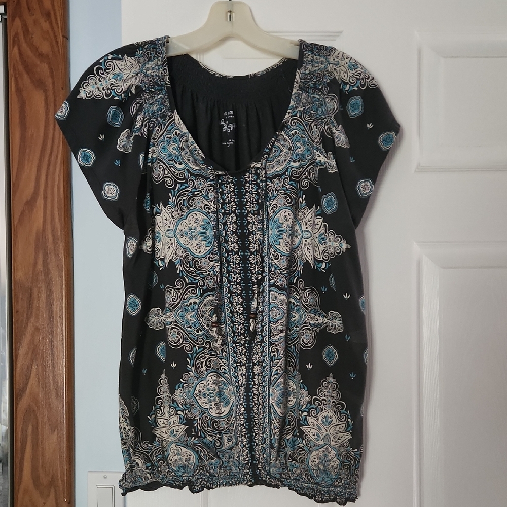 Black and Gray Flutter Sleeve Smocked Blouse